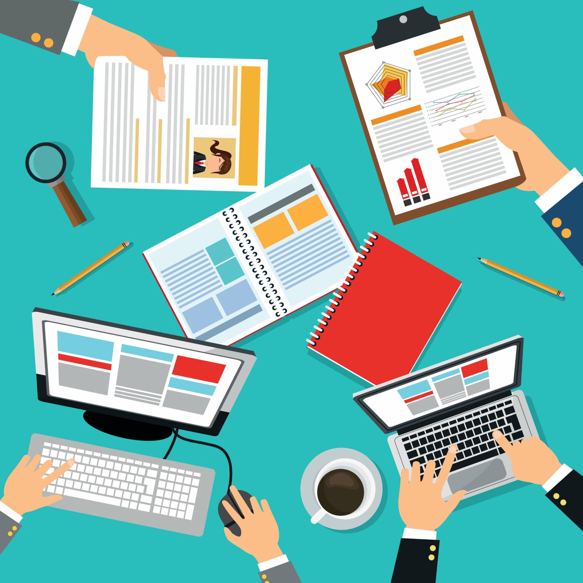 Business meeting flat concept with top view businessmen hands with gadgets and office documents vector illustration